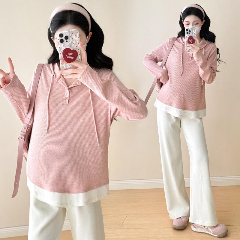 2026 Stylish Versatile Maternity Hooded Slim-Fit Two-Piece Top for Spring/Autumn 2XL