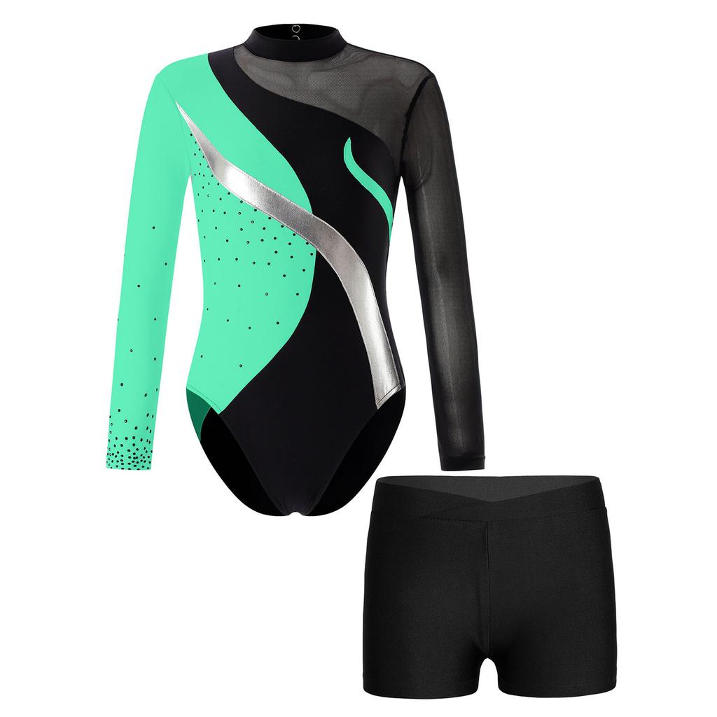 Dziecięce dziewczynki Łyżwiarstwo figurowe Gimnastyka Kostium Dżetów Hollow Back Patchwork Trykot z długim rękawem i spodenkami