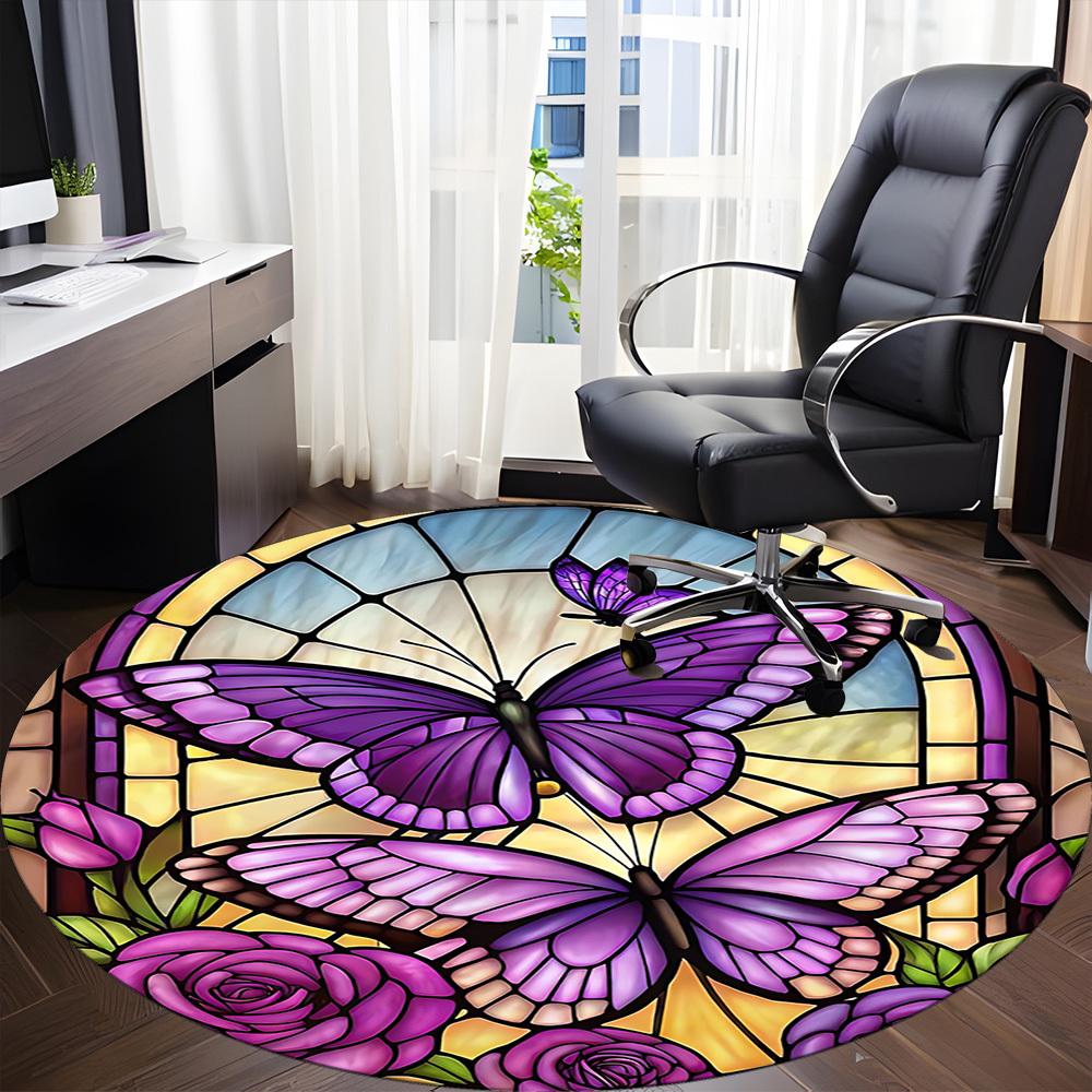1pc Butterfly StainedGlass Office Round Area Rug, Under Office Chairs Bedroom Living Room Home Decor, Room Deco