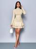 European & American High Neck Long Sleeve Casual Elastic Dress with Pleated Short Skirt