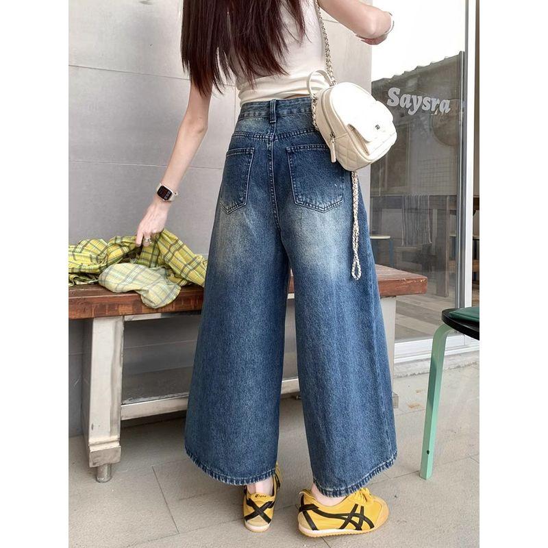 Kumikumi American Retro Washed Blue Denim Women Fall High Waist Loose All-Matching Straight Pants Cropped Pants