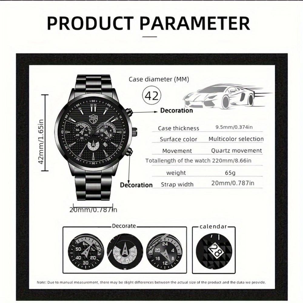 DEYROS Fashion Men's Calendar Steel Strap Watch Men's Casual Fake Three Eyes Quartz Wristwatch, Best Choice for Men's Gifts