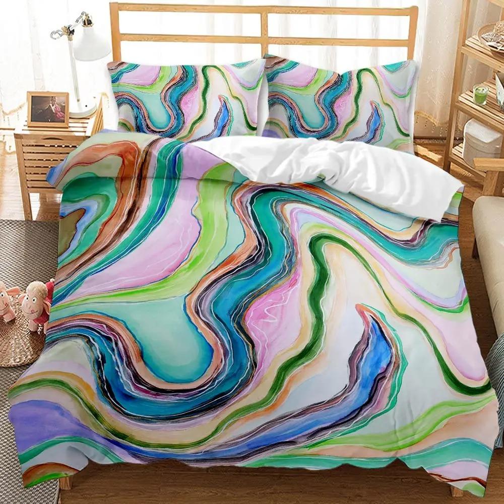 Marble Duvet Cover Set, Retro Style Paint Brush Colors In Marbling Texture Watercolor Artwork Soft Polyester Bedding Set