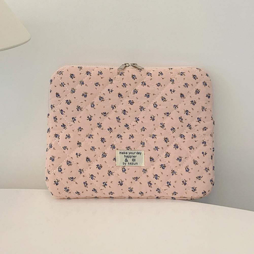 Korean Flower Printed Laptop Carrying Case Quilted Notebook Protective Sleeve Cute INS Grid Handbag for 11-15 Inch Laptop Tablet