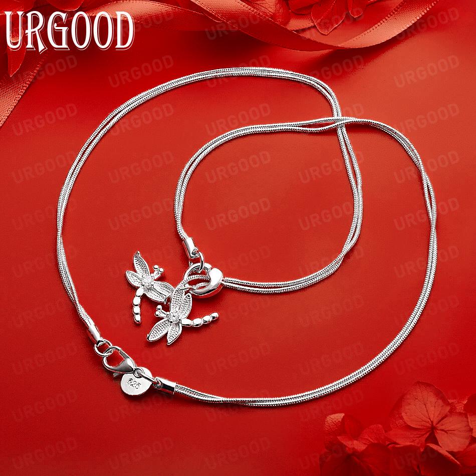 925 Sterling Silver Exquisite Double Dragonfly Snake Bone Necklace - Banquet Gift Jewelry 45cm