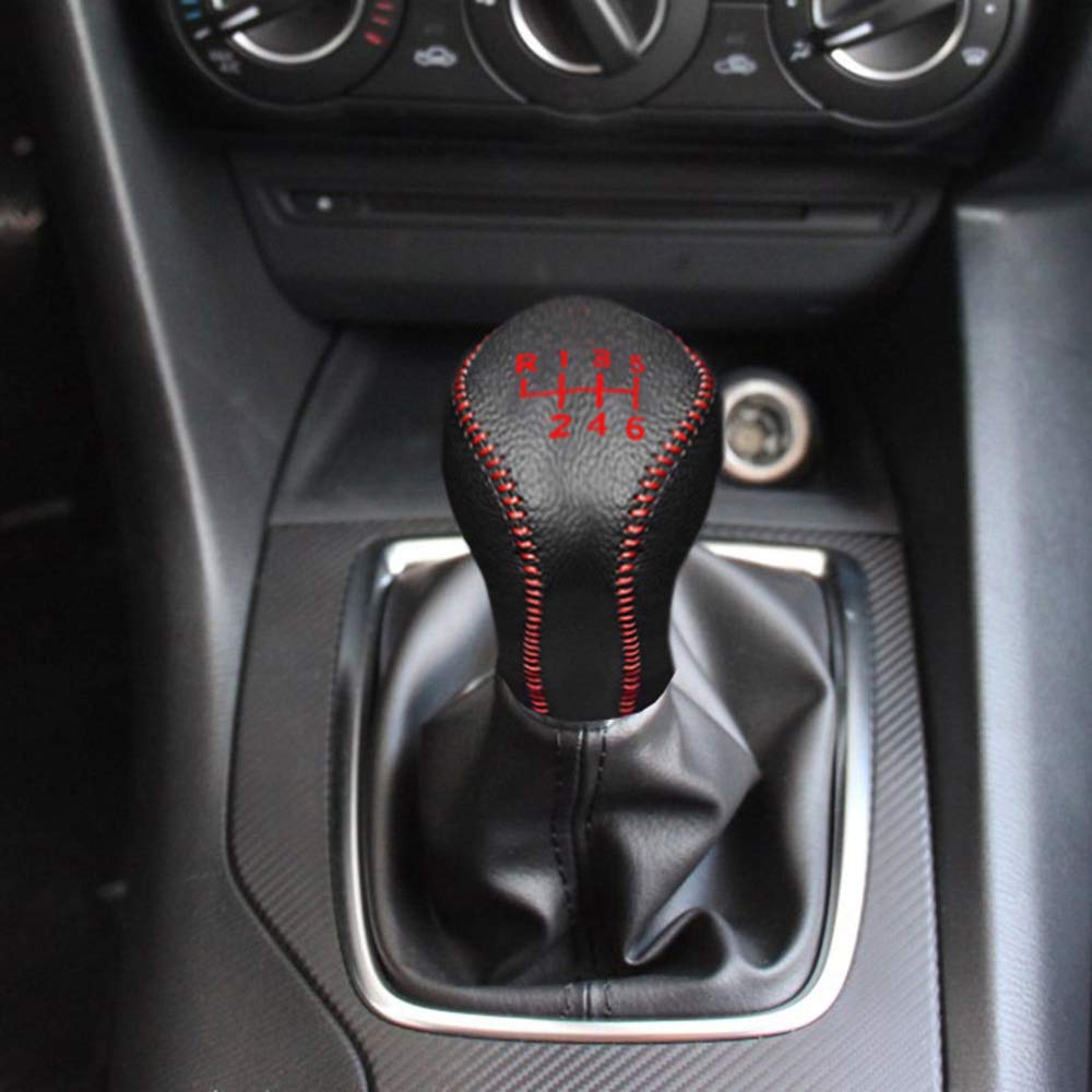 Gear Shift Knob Cover Black Leather + Red Stitch for