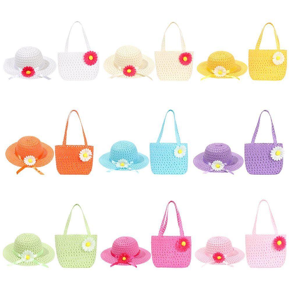 2Pcs/Set Flower Design Children Beach Hats Set Wide Brim Straw Wide Hat Sun-protective Hat  Party