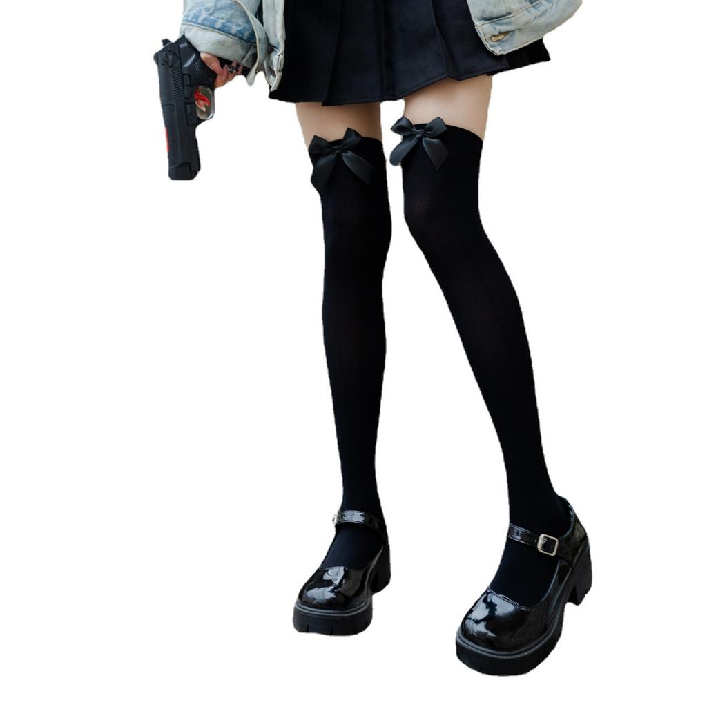 Women'S Socks, Velvet Thin Bow Jk Style College Socks, Solid Color Medium Tube Knee Socks