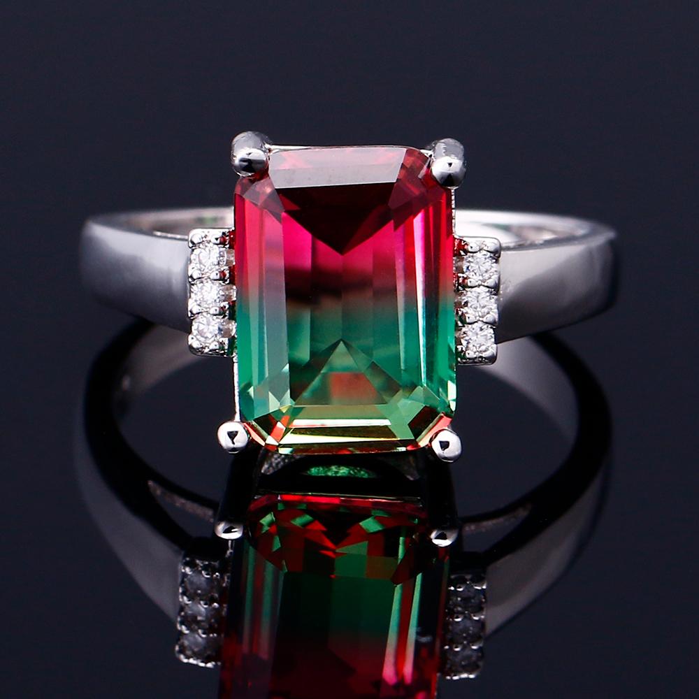 FCGJHW Multicolor Large Rectangular 10*14MM Tourmaline Craft Zircon Ring Female Engagement Wedding Party Jewelry Anniversary