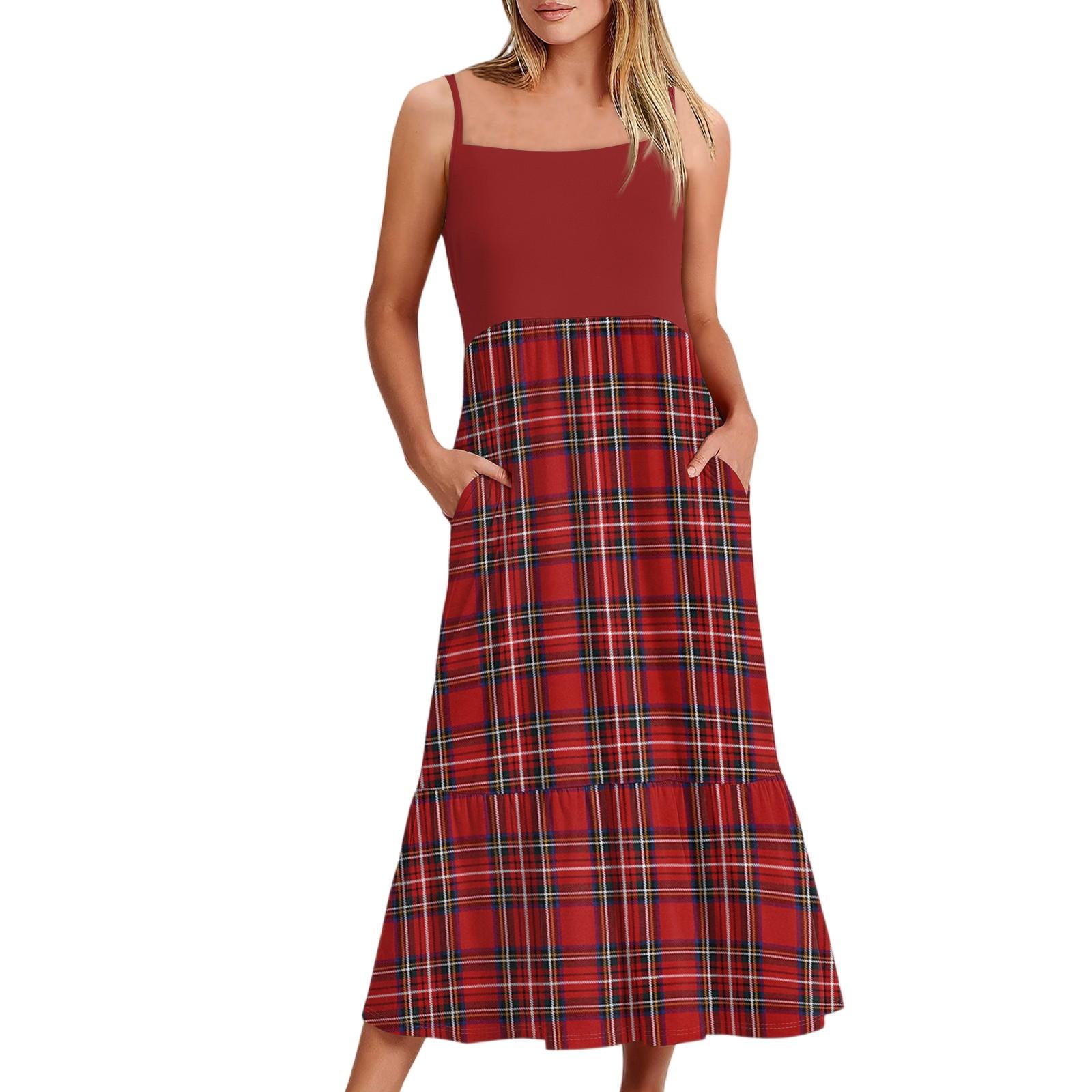 

Women s Long Beach Casual Elegant Spaghetti Strap Maxi Dress Plaid Print Low-key Flowing Bohemian Dress L винний