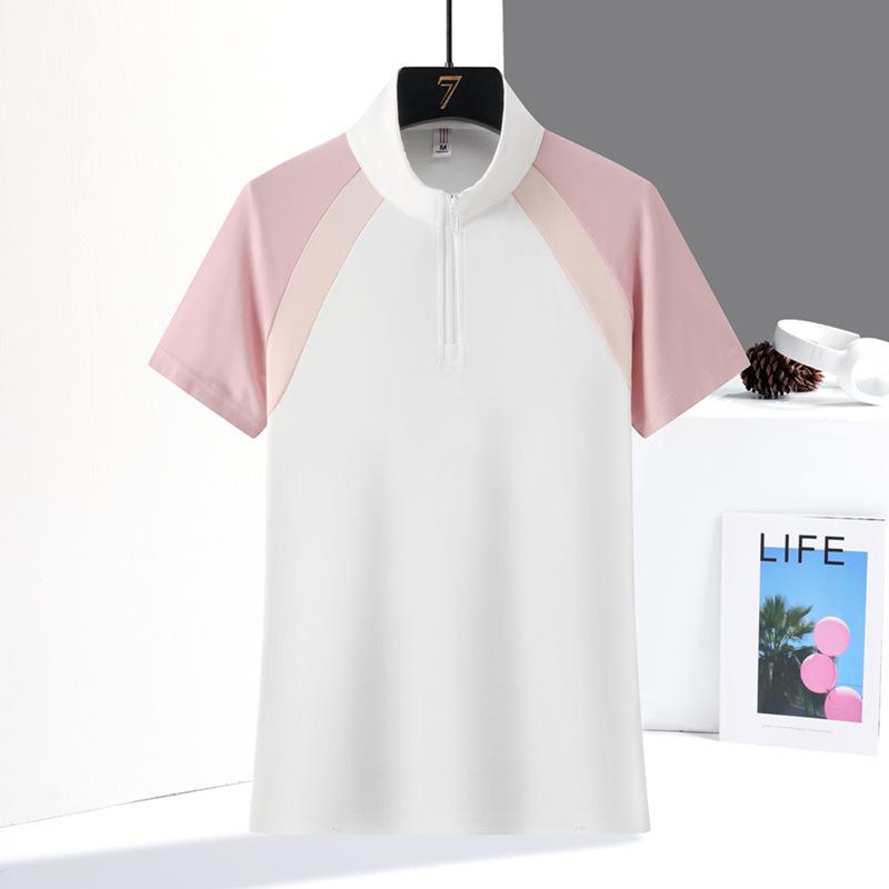 

Summer Colorblock Women s Moisture-Wicking Quick-Dry Outdoor Sports T-Shirt with Zipper Collar 3XL розовый/белый
