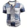 European and American semi-cardigan, casual short-sleeved digital printing slim-fit pullover Henry T-shirt top men's clothing
