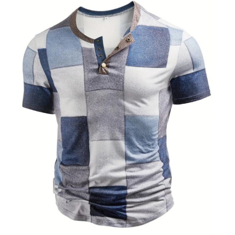 European and American semi-cardigan, casual short-sleeved digital printing slim-fit pullover Henry T-shirt top men's clothing