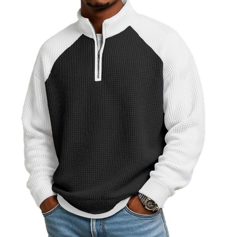 Spring Autumn Waffle Tops Men Patchwork Half Zipper Stand Collar Sweatshirts Fashion Pullover Hoodie Streetwear Man
