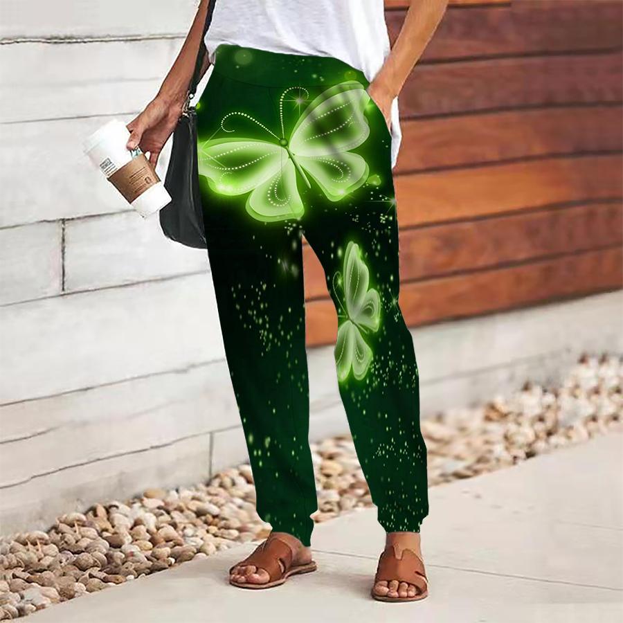 Women Butterfly Printing Pants Lace Up Elastic Waist Loose  Trousers Casual Long Pants Trousers with Pockets