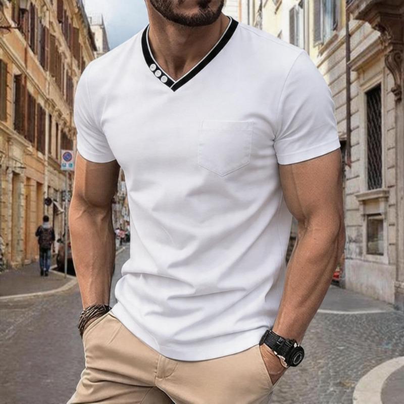 

Mens White V-Neck Short Sleeve T-Shirt with Black Trim and Buttons S белый