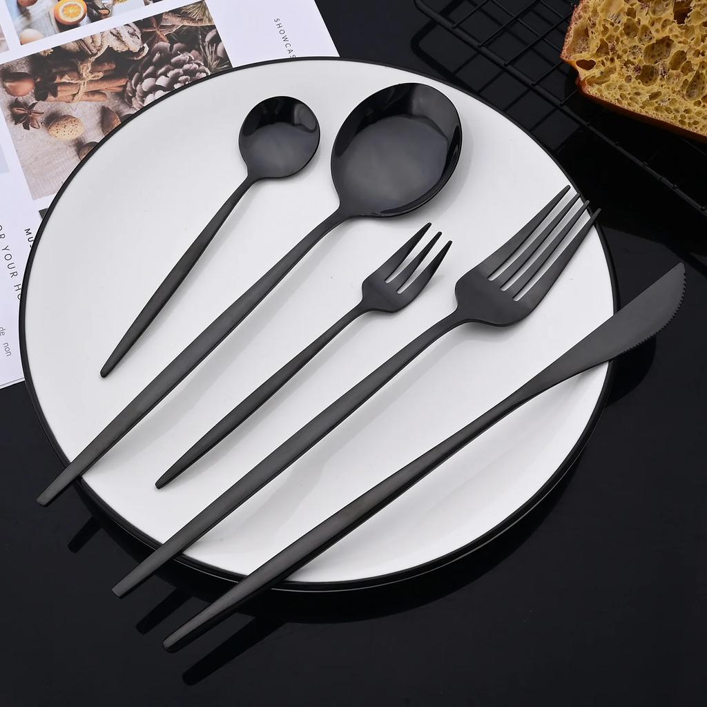 24Pcs/Set Mirror Black Dinner Knife Cutlery Set Table Knife Dinnerware Set Stainless Steel Tableware Home Kitchen Flatware