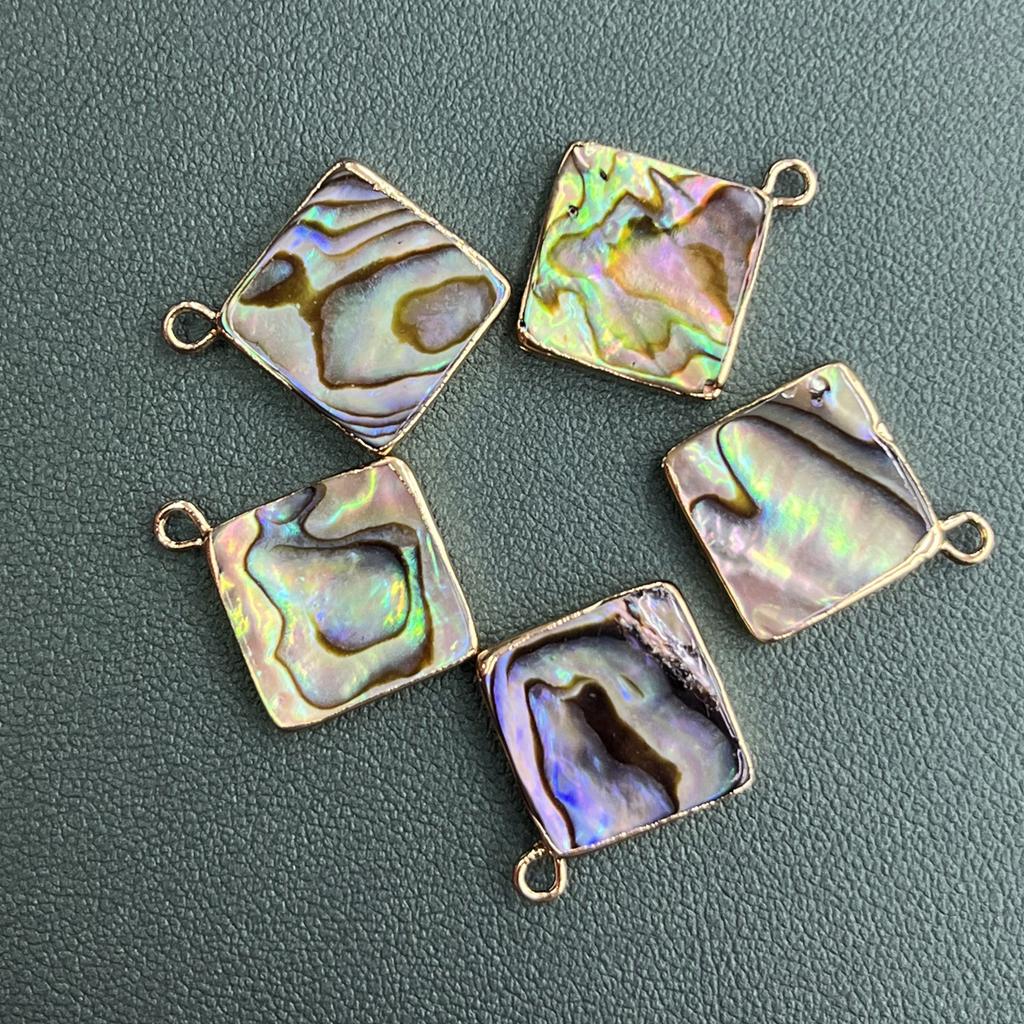 1Pc, Natural Abalone Shell Square Pendant Golden Trim Iridescent Charm for DIY Boho Jewelry Making Necklace & Earrings, 14mm Crafts Gifts