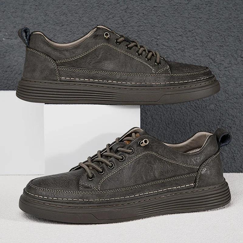 Casual Leather Shoes Men Genuine Leather Mens Sneakers Comfortable Lace-up Solid Male Sneakers Fashion Daily Skateboard Shoes