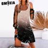 GMXIA Women's Fashion Spring Autumn Solid Color Print Long Sleeve U-Neck High Waist Casual Dresses
