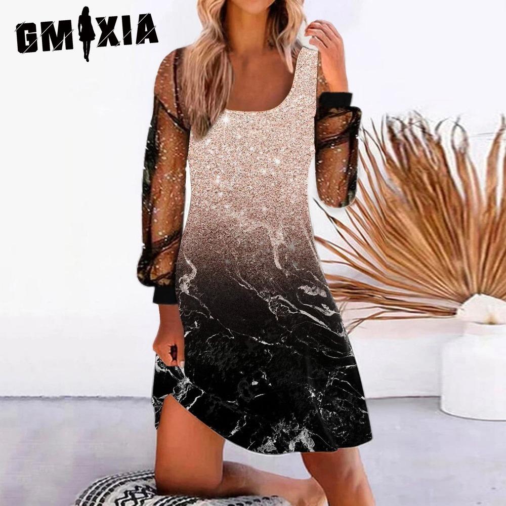 GMXIA Women's Fashion Spring Autumn Solid Color Print Long Sleeve U-Neck High Waist Casual Dresses