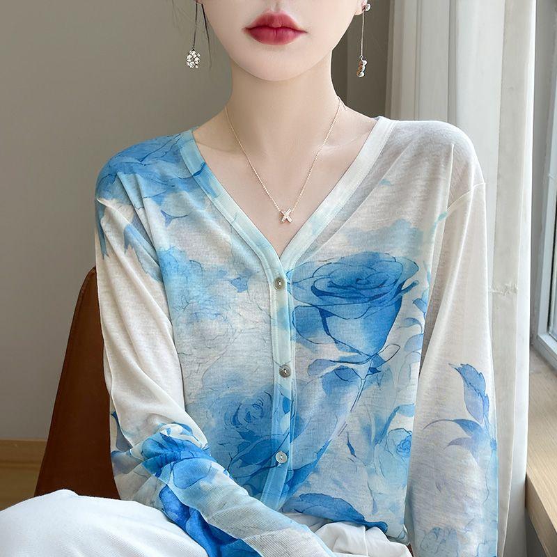 Cardigan subțire de damă Primăvară Vară Cardigan tricotat cu imprimeu mătase Jachetă Mânecă lungă Larg Top tricotat cu protecție solară
