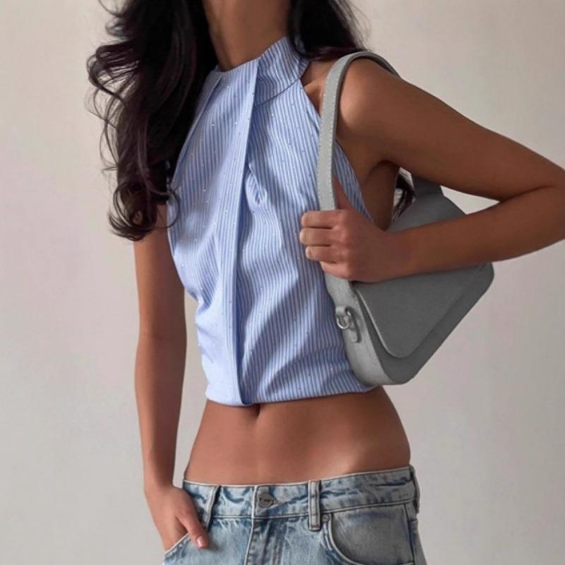 Women S Sexy Striped Halter Neck Crop Top With Rhinestones Summer Vacation Style S