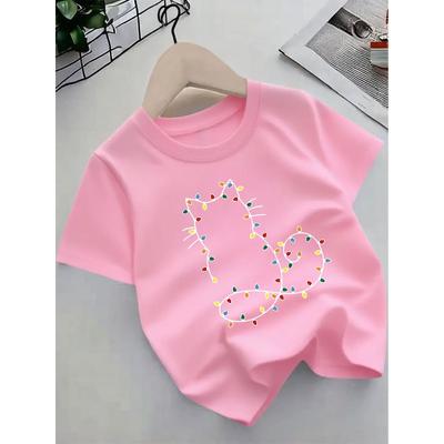 European Sizes Girls' Summer Short Sleeve T-Shirt with Kitten & Cat Paw Print - Cute Kitten & Cat Face Patterns, Round Neck Casual Blouse for Girls