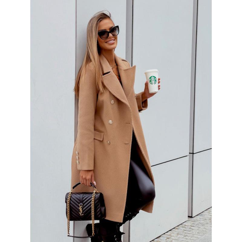 Women's Autumn/Winter Double-Breasted Long-Sleeve Woolen Coat with Simple European and American Design