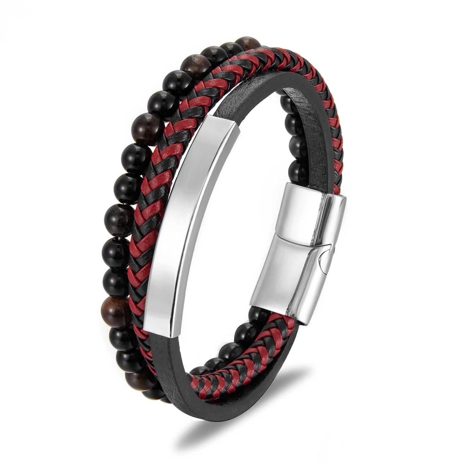 Natural stone men s leather rope bracelet braided volcanic stone multi-layer leather woven stainless steel magnetic buckle bracelet