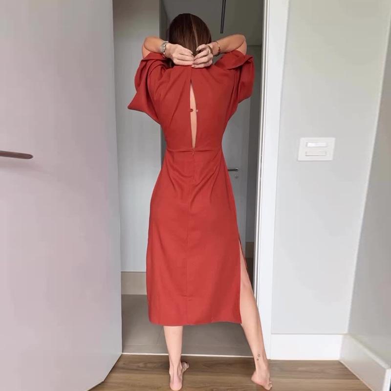 European & American Women's V-Neck Summer Dress 2025 - Casual Solid Color Short-Sleeve Slit Design