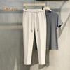 Men Suit Pants Drawstring Elastic Waist Straight Leg Solid Color Loose Formal Business Style Office Wear Trousers Ninth Pants