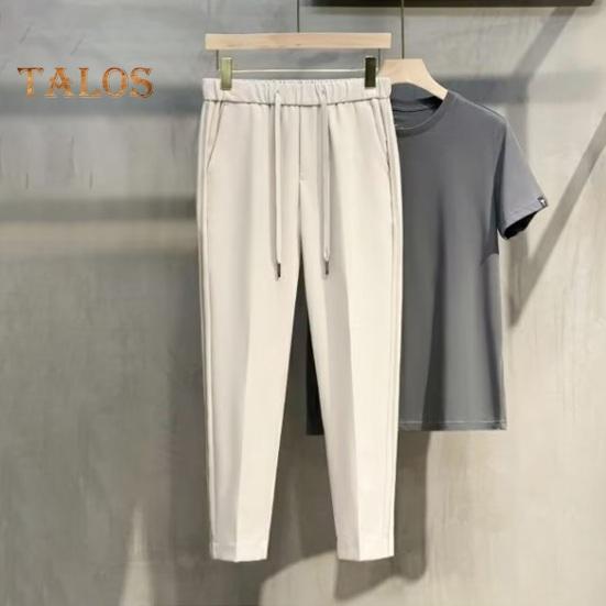 Men Suit Pants Drawstring Elastic Waist Straight Leg Solid Color Loose Formal Business Style Office Wear Trousers Ninth Pants