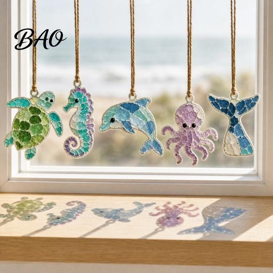 Bird Window Hanging Sea Glass Suncatcher Ornament, Handmade Animal Ocean Acrylic Pendants, Sunlight Reflector Ornament DIY Summer Decor, Valentine's