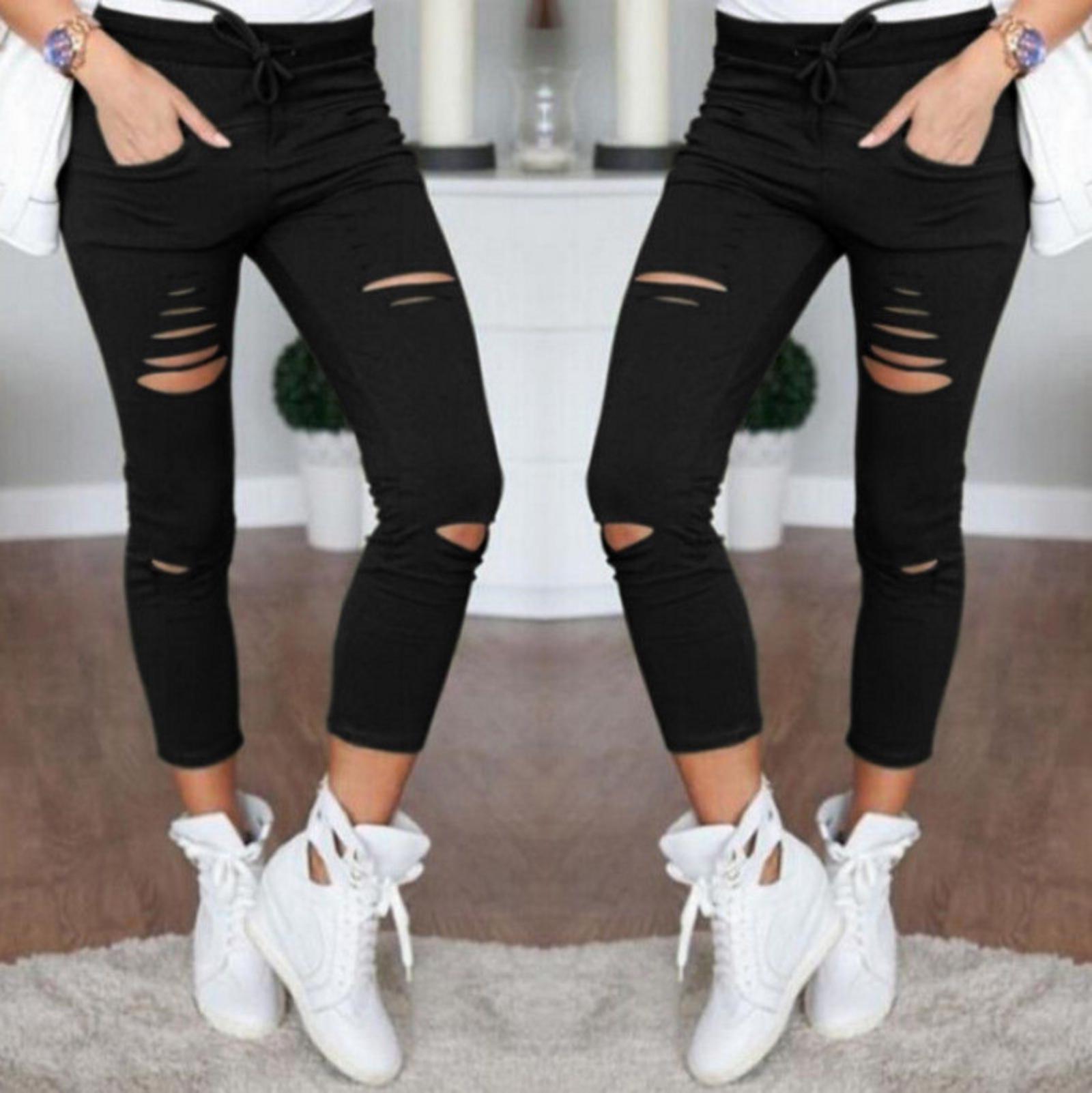 

Women s Casual Pencil Pants Ripped Leggings L чорний