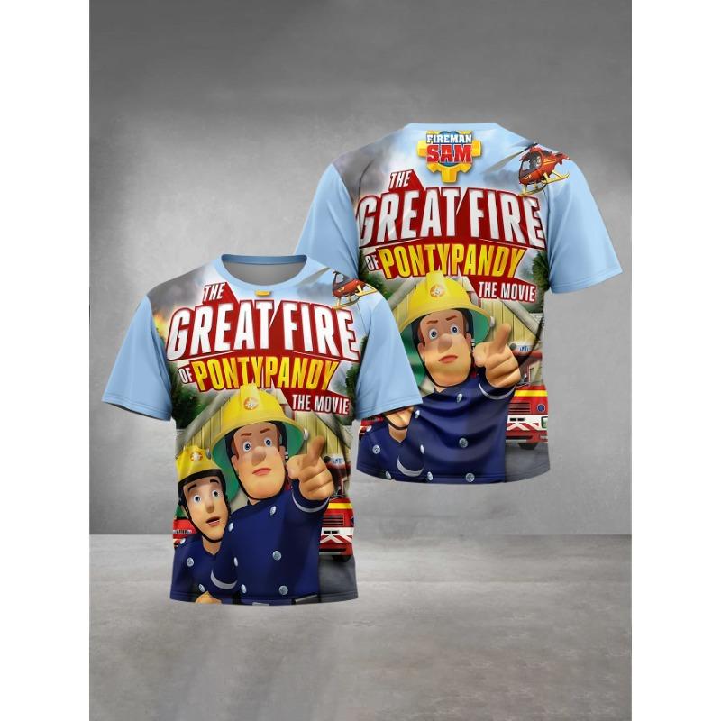 Summer Round Neck Cartoon Fireman Sam Pattern 3D Printed Top Fashionable Casual Short Sleeved Children's Boy T-shirts