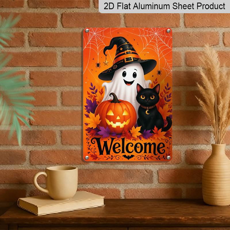 2D Flat Welcome Halloween Cute Ghost Black Cat Pumpkin Metal Sign - 8.0x12.0inch Aluminum Wall Art, Autumn Front Door Porch Decor, Pre-Drilled Holes