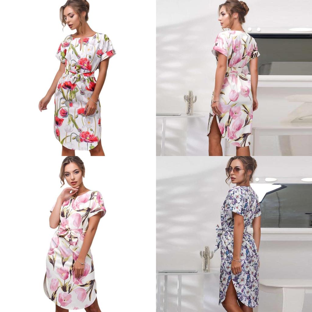 Elegant Women Short Sleeve Boho Style Midi Beach Dress With Vibrant Floral Prints
