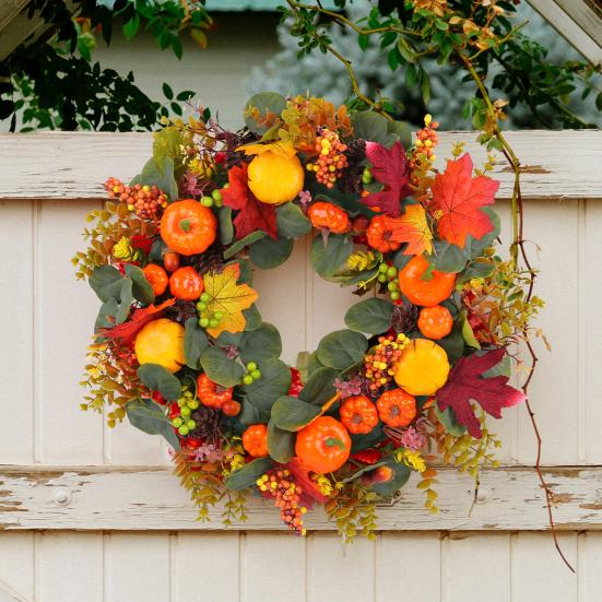 Yousheng Fall Pumpkin Wreath Front Door Autumn Maple Leaf Harvest Realistic Simulation Wreath Indoor Outdoor Thanksgiving Home Decor