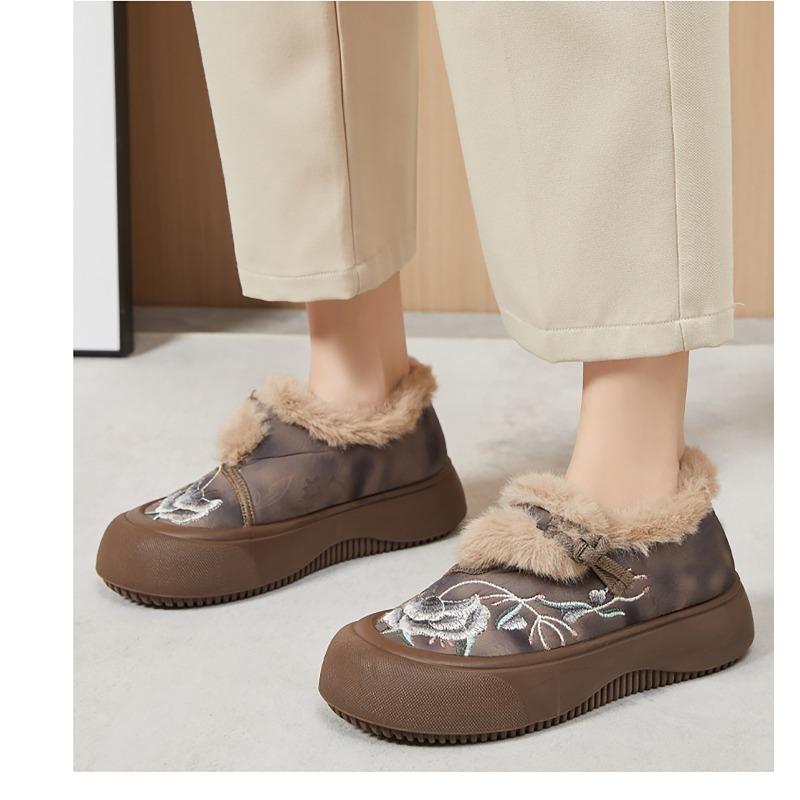 Cotton Shoes Women's Winter Embroidered Fur Shoes Warm Snow Boots with Fleece Thickened Cotton Boots Thickened with Thick Soles and Heightened Boots