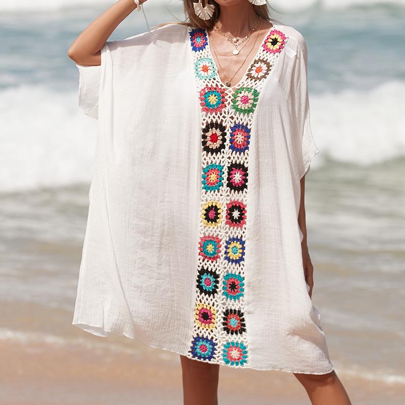 

Европейское и американское вязаное крючком лоскутное платье с V-образным вырезом, свободное, пляжная накидка One Size белый