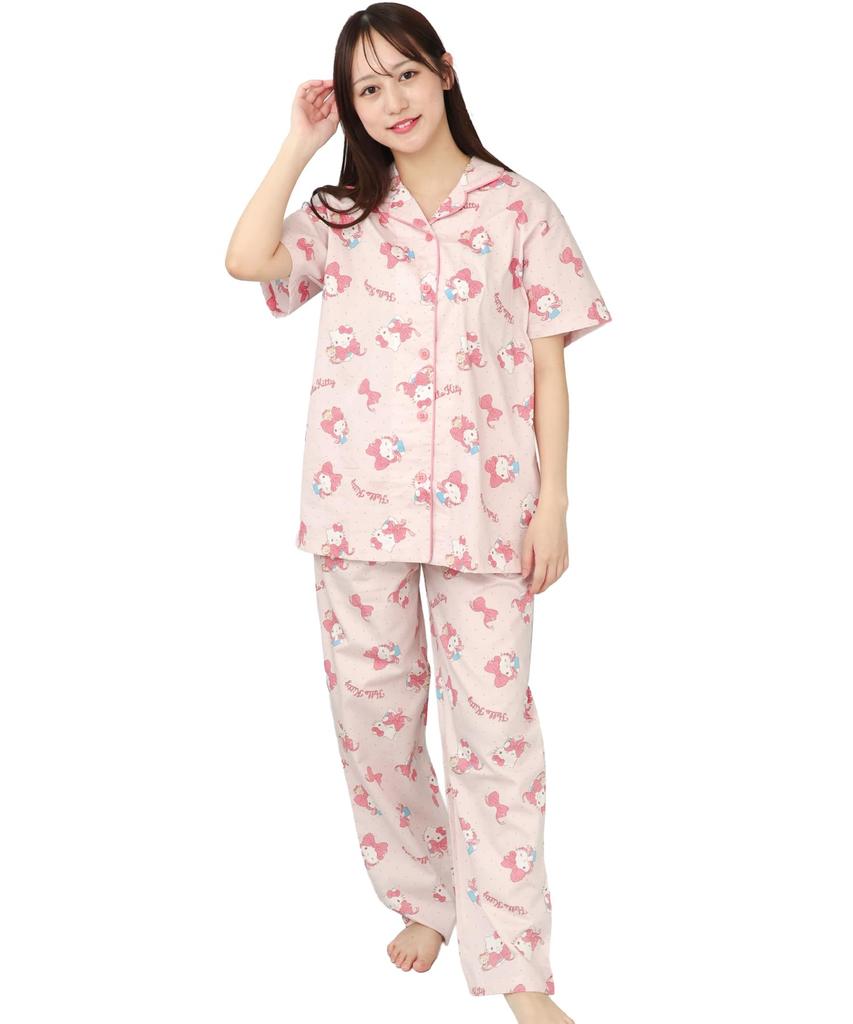 SAZAC Hello Kitty Shirt Cotton Short Sleeve and Long Pants Ribbon Hello Kitty Pajamas, 100% Broadcloth, Women's Set, Loungewear, (Apricot/M/SAN1799)