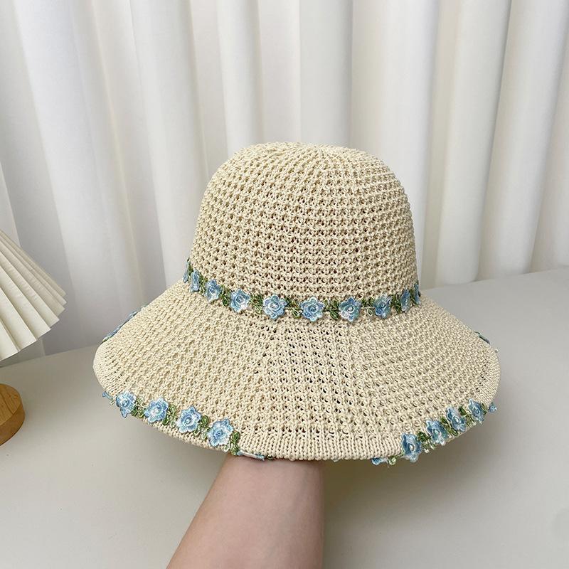 Flower sun hat women's summer versatile idyllic hollow straw bucket hat big eaves beach hat