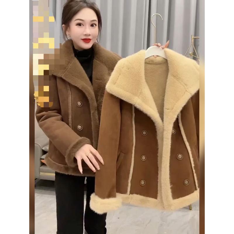 Double-Breasted Lapel Leather-Fur Jacket: Stylish, Chic, Versatile, Loose-Fit Women's Casual Top