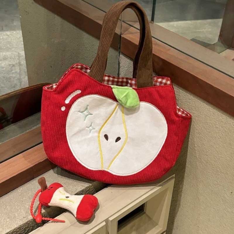 Red Apple Handbag Creative Cute Corduroy Shoulder Bag Stylish Outing Canvas Bag With Apple Pendant Casual Versatile Shoulder Bag