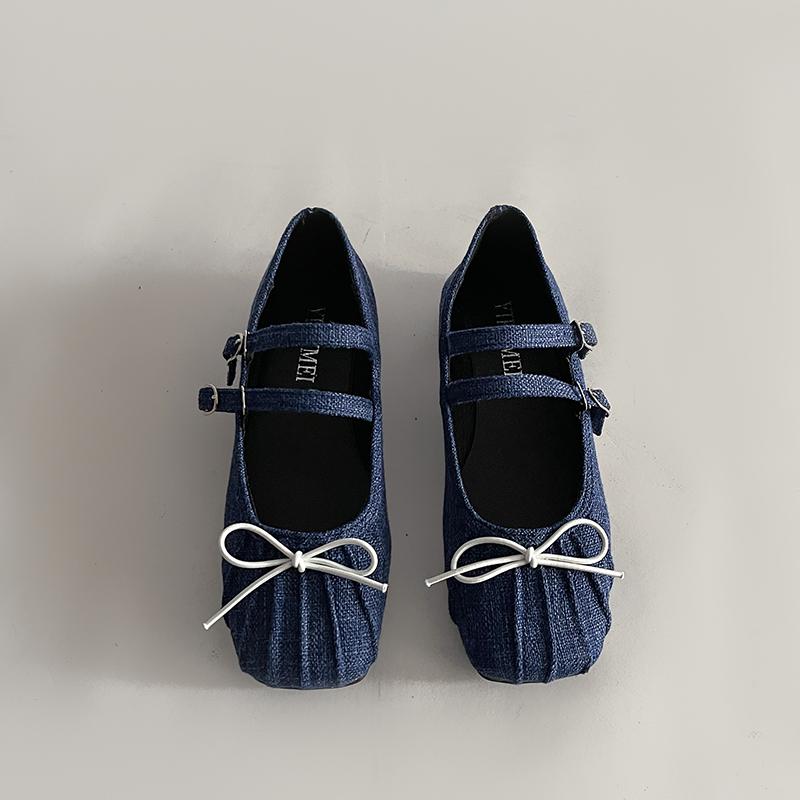 

Туфли Мэри Джейн с квадратным носком, модные туфли с неглубокой бабочкой, весна 2025, элегантные женские туфли без застежек 35 темно-синий