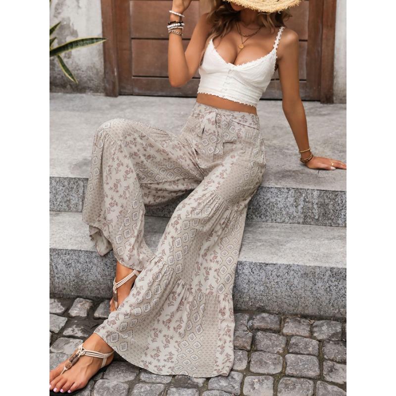 Casual Vacation Style Lace-up Geometric Floral Print Wide-leg Pants for Women