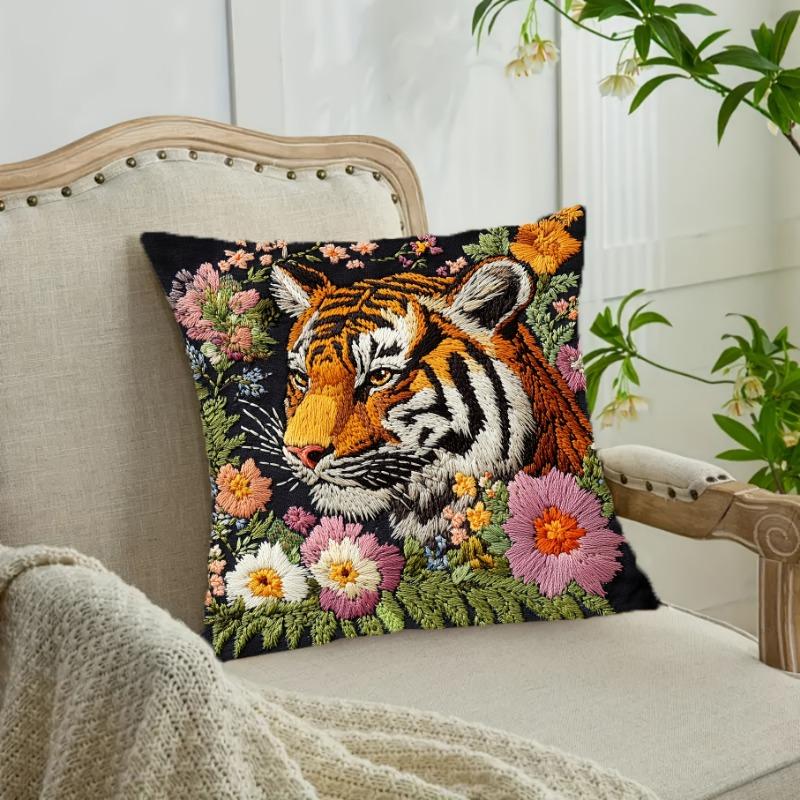 Embroidered Tiger Throw Cushion Covers Chair Living Room Pillowcase Cozy Zipper Sofa Pillow Covers Bedroom Indoor Home Decor