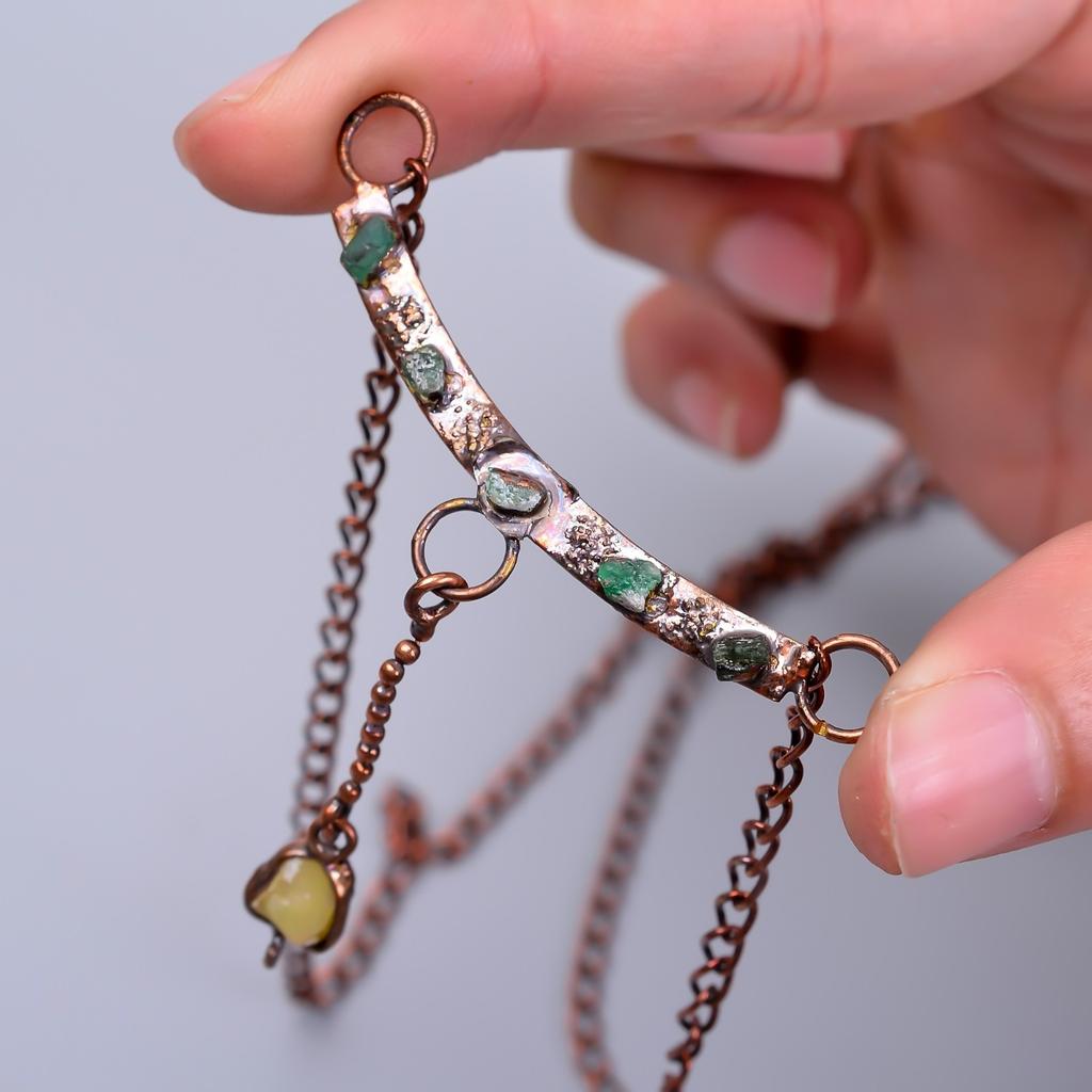 Ethiopian Opal Stone Copper Electroformed Sisters Day Chain Handmade Necklace V-78