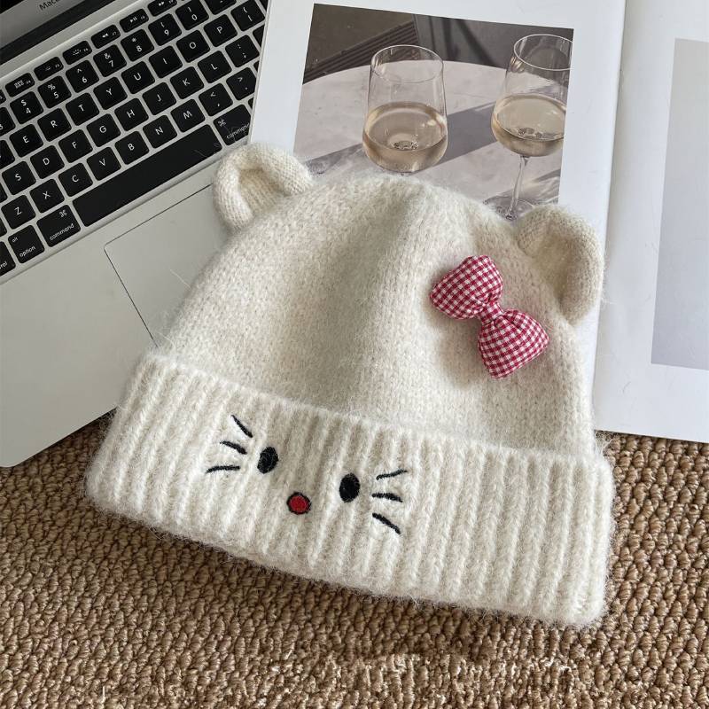 Cat Cartoon Knitted Hat With Embroidered Butterfly Bow For Winter Warmth And Windproof Comfort